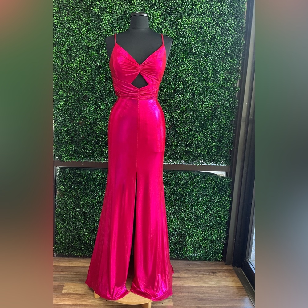 Mori Lee Hot Pink Satin Prom Dress with Front Cutout